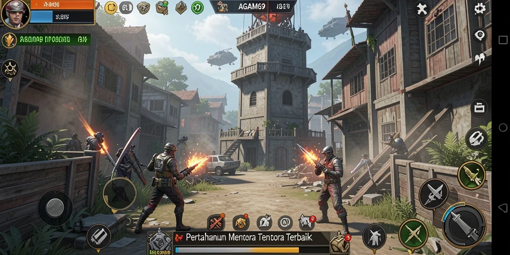 Screenshot menampilkan gameplay menara pertahanan yang intens dan strategis.