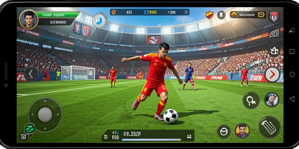 Screenshot menarik dari gameplay C7890 yang menampilkan aksi sepak bola.