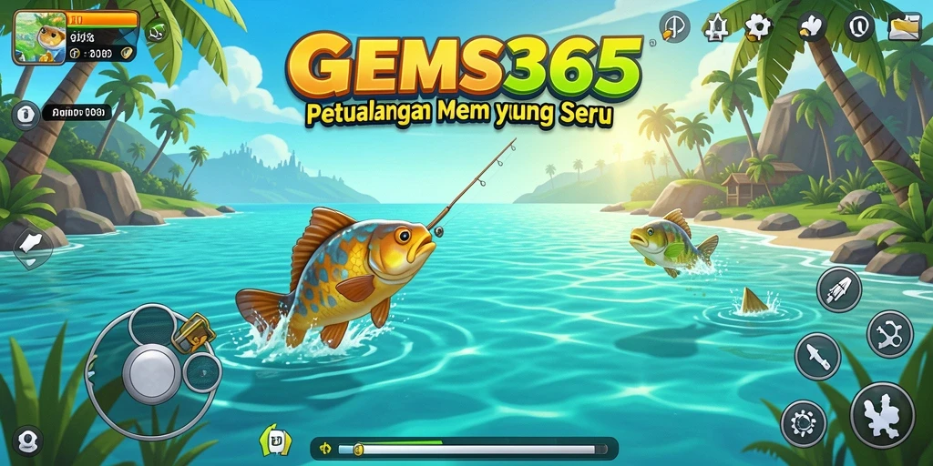 Screenshot gameplay menunjukkan aksi memancing yang memukau di laut.