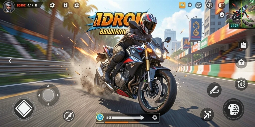 Tampilan gameplay <strong>IDROK</strong> yang seru dengan balapan motor di trek yang menantang.