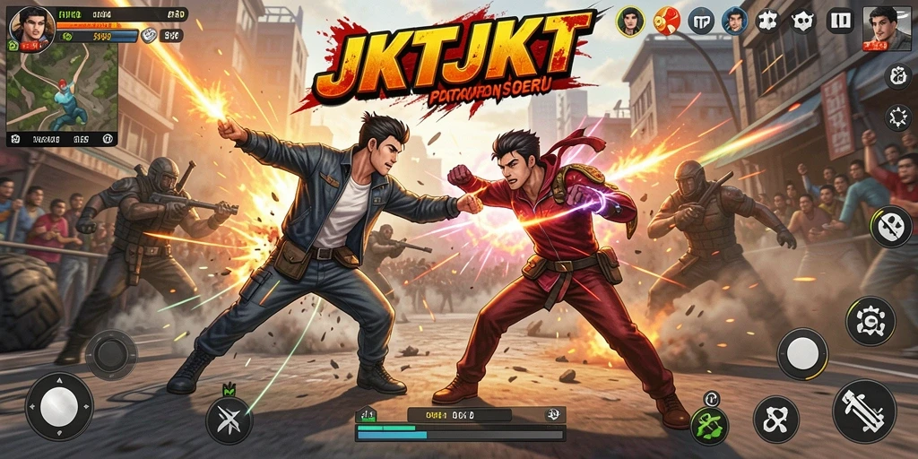 Screenshot gameplay JKTJKT menampilkan aksi pertarungan yang menegangkan.
