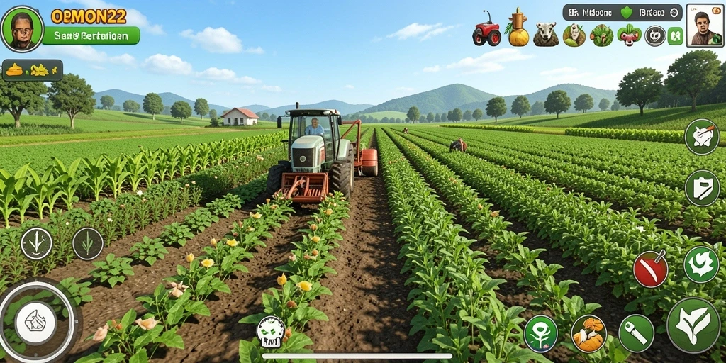 Tampilan gameplay OMON22 yang menggambarkan aktivitas bertani.