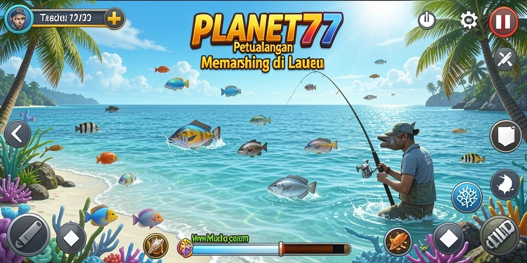 Screenshot gameplay PLANET77 menunjukkan serunya menangkap ikan besar.