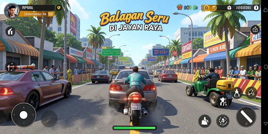 Gameplay RP886 yang menegangkan dengan berbagai trek balap.