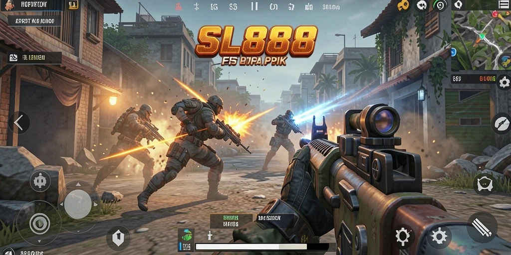 Tampilan epik gameplay SL888 dalam pertempuran FPS yang mendebarkan.
