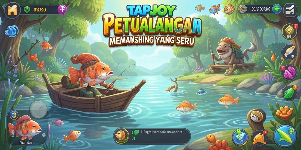 Tampilan gameplay TAPJOY yang menarik dengan aksi memancing yang seru.
